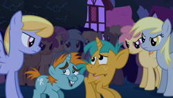 Size: 1365x768 | Tagged: safe, screencap, character:candy mane, character:cloud kicker, character:coco crusoe, character:derpy hooves, character:dizzy twister, character:lyra heartstrings, character:orange swirl, character:snails, character:snips, species:pegasus, species:pony, species:unicorn, episode:boast busters, g4, my little pony: friendship is magic, colt, female, male, mare