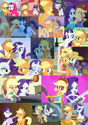 Size: 1144x1621 | Tagged: safe, screencap, character:applejack, character:rarity, equestria girls:rainbow rocks, g4, my little pony:equestria girls, :o, annoyed, blanket, clothing, collage, cute, derp, dirty, dress, eye contact, eyes closed, frown, glare, grin, gritted teeth, hug, kicking, lidded eyes, messy mane, mouth hold, mud, nuzzling, open mouth, pouting, prone, raised eyebrow, shipping fuel, sitting, smiling, tongue out, wide eyes