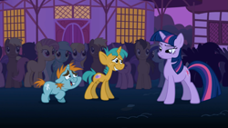 Size: 1365x768 | Tagged: safe, screencap, character:amethyst star, character:candy mane, character:cloud kicker, character:coco crusoe, character:doctor whooves, character:lyra heartstrings, character:minuette, character:rainbow dash, character:snails, character:snips, character:sparkler, character:time turner, species:pony, species:unicorn, episode:boast busters, g4, my little pony: friendship is magic, colt, male