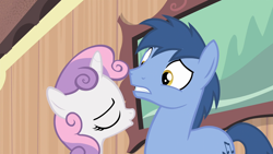 Size: 1280x720 | Tagged: safe, screencap, character:blues, character:noteworthy, character:sweetie belle, episode:for whom the sweetie belle toils, kissy face, out of context