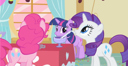 Size: 2552x1312 | Tagged: safe, screencap, character:pinkie pie, character:rarity, character:twilight sparkle, character:twilight sparkle (unicorn), species:earth pony, species:pony, species:unicorn, episode:party of one, g4, my little pony: friendship is magic, curtain, female, fourth wall, i can see forever, looking at you, mare, plot, punch (drink), punch bowl, sorbet, sugarcube corner, table, tablecloth, teacup, window