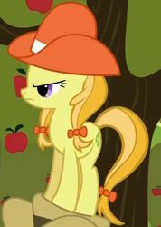 Size: 333x467 | Tagged: safe, screencap, character:jonagold, species:earth pony, species:pony, episode:over a barrel, g4, my little pony: friendship is magic, angry, apple family member, background pony, bow, clothing, cowboy hat, cropped, female, hair bow, hat, mare, solo, tail bow