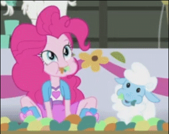 Size: 349x278 | Tagged: safe, screencap, character:pinkie pie, character:twilight sparkle, species:goat, species:sheep, episode:shake your tail, equestria girls:rainbow rocks, g4, my little pony:equestria girls, animated, balloon, boots, clothing, eating, flower, high heel boots, humans doing horse things, skirt