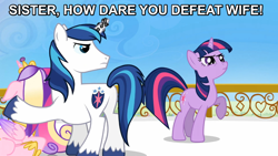 Size: 896x504 | Tagged: safe, screencap, character:princess cadance, character:shining armor, character:twilight sparkle, episode:the crystal empire, g4, my little pony: friendship is magic, defeated, frown, funny, glare, half life full life consequences, horn crystals, image macro, magic suppression, meme, raised hoof, scrunchy face, sister, wat, wife