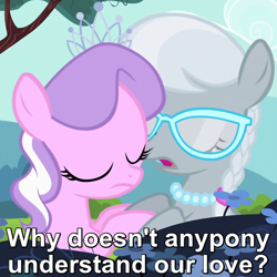 Size: 600x600 | Tagged: safe, screencap, character:diamond tiara, character:silver spoon, ship:silvertiara, episode:flight to the finish, g4, my little pony: friendship is magic, caption, eyes closed, female, glasses, image macro, lesbian, meme, out of context, sad, shipping