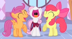 Size: 518x284 | Tagged: safe, screencap, character:apple bloom, character:scootaloo, character:sweetie belle, species:earth pony, species:pegasus, species:pony, species:unicorn, cute, cutie mark crusaders, eyes closed, faec, female, filly, nose in the air, open mouth, raised hoof, smiling, uvula, volumetric mouth