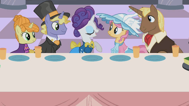 Size: 640x360 | Tagged: safe, screencap, character:chocolate sun, character:ponet, character:primrose (g4), character:rarity, character:swan song, episode:sweet and elite, g4, my little pony: friendship is magic, animated, becoming popular, canterlot, choice, close-up, confident, earl grey, food, hors d'oeuvre, pristine, rarity looking at food, singing, song, swan dive, table, waiter