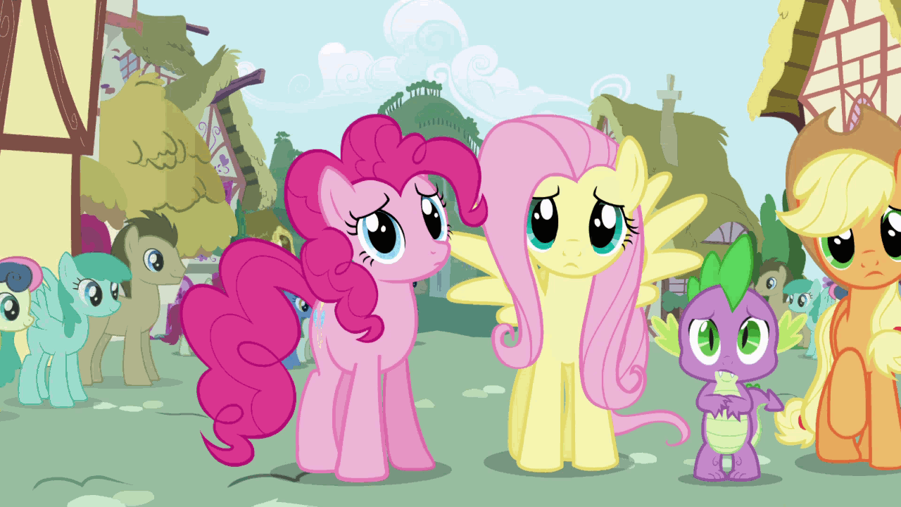 Size: 1280x720 | Tagged: safe, screencap, character:applejack, character:bon bon, character:doctor whooves, character:fluttershy, character:meadow song, character:pinkie pie, character:rainbow dash, character:rarity, character:spike, character:spring melody, character:sprinkle medley, character:sweetie drops, character:time turner, episode:friendship is magic, g4, my little pony: friendship is magic, animated, looking at you