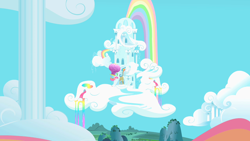 Size: 1280x720 | Tagged: safe, screencap, character:pinkie pie, character:rainbow dash, species:pony, episode:party of one, g4, my little pony: friendship is magic, cloud, hot air balloon, rainbow, rainbow dash's house, rainbow waterfall, twinkling balloon
