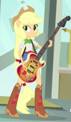 Size: 363x620 | Tagged: safe, screencap, character:applejack, episode:a case for the bass, equestria girls:rainbow rocks, g4, my little pony:equestria girls, bass guitar, guitar, musical instrument, ponied up, pony ears, solo
