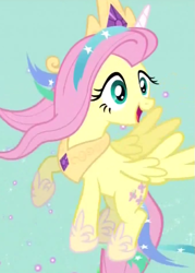 Size: 453x631 | Tagged: safe, screencap, character:fluttershy, character:princess celestia, species:pegasus, species:pony, episode:testing testing 1-2-3, g4, my little pony: friendship is magic, celestia costume, celestia's crown, clothing, costume, cropped, crown, fake horn, female, flying, jewelry, mare, open mouth, outfit catalog, peytral, regalia, shylestia, solo