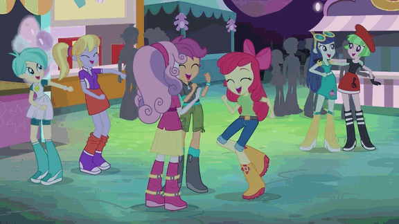 Size: 576x324 | Tagged: safe, screencap, character:apple bloom, character:blueberry cake, character:cloudy kicks, character:drama letter, character:scootaloo, character:sweetie belle, character:watermelody, species:pegasus, species:pony, episode:a perfect day for fun, equestria girls:rainbow rocks, g4, my little pony:equestria girls, animated, background human, blueberry cake, boots, clothing, cloudy kicks, cutie mark crusaders, dancing, eyes closed, open mouth, shoes, tennis match