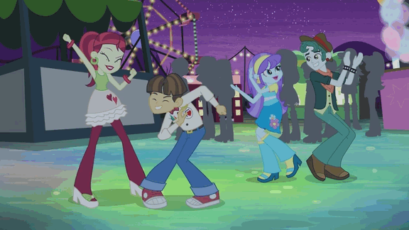 Size: 576x324 | Tagged: safe, screencap, character:aqua blossom, character:scott green, character:wiz kid, episode:a perfect day for fun, equestria girls:rainbow rocks, g4, my little pony:equestria girls, animated, background human, dancing, loop, rose heart, scott green, wiz kid