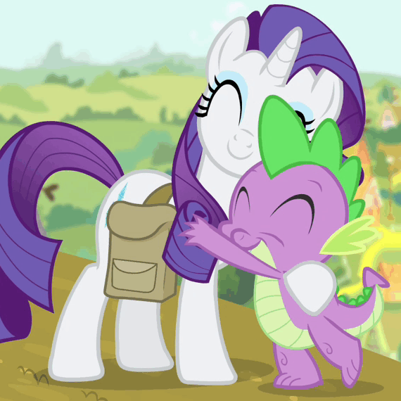 Size: 570x570 | Tagged: safe, screencap, character:rarity, character:spike, species:dragon, species:pony, species:unicorn, episode:inspiration manifestation, g4, my little pony: friendship is magic, animated, cute, eyes closed, fangs, female, friendshipping, hug, imma snuggle you, male, mare, nuzzling, raised hoof, raised leg, raribetes, saddle bag, shipping fuel, smiling, snuggling, spikabetes, spikelove