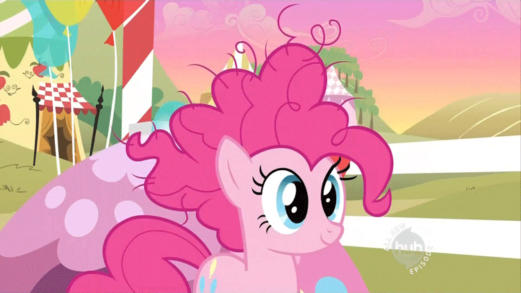 Size: 750x422 | Tagged: safe, screencap, character:pinkie pie, episode:the super speedy cider squeezy 6000, g4, my little pony: friendship is magic, animated, bed hair, bed mane, bipedal, hub logo, messy mane, solo, tent
