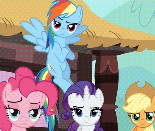 Size: 500x425 | Tagged: safe, screencap, character:applejack, character:pinkie pie, character:rainbow dash, character:rarity, species:earth pony, species:pegasus, species:pony, species:unicorn, episode:three's a crowd, g4, my little pony: friendship is magic, animated, applejack's hat, clothing, cowboy hat, eyeroll, female, flying, gif, hat, mare, pinkie pie is not amused, raised eyebrow, reaction image, train station, unamused, unimpressed