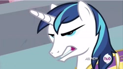 Size: 2860x1608 | Tagged: safe, screencap, character:shining armor, episode:twilight's kingdom, g4, my little pony: friendship is magic, angry, frown, glare, gritted teeth, hub logo, hubble, rage, solo