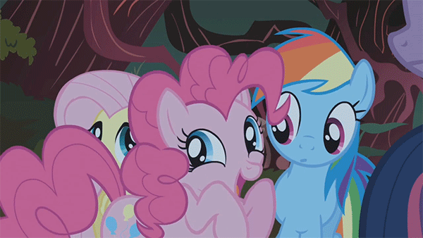 Size: 600x338 | Tagged: safe, screencap, character:fluttershy, character:pinkie pie, character:rainbow dash, character:twilight sparkle, episode:friendship is magic, g4, my little pony: friendship is magic, season 1, animated, blinking, laughter song, wiggle