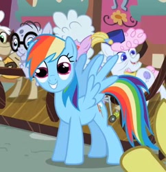 Size: 422x436 | Tagged: safe, screencap, character:chelsea porcelain, character:geri, character:mr. waddle, character:pearly stitch, character:rainbow dash, episode:the mysterious mare do well, g4, my little pony: friendship is magic, dilated pupils, great moments in animation, hypnotoad, looking at you, nightmare fuel, sideways, special eyes, wat, wide eyes