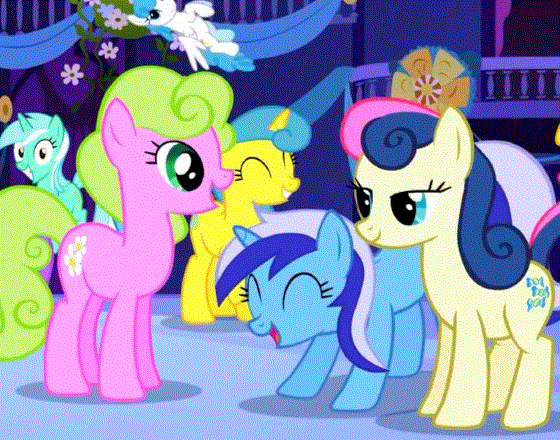 Size: 560x440 | Tagged: safe, screencap, character:bon bon, character:cherry berry, character:daisy, character:lemon hearts, character:lyra heartstrings, character:minuette, character:sweetie drops, character:white lightning, species:earth pony, species:pegasus, species:pony, species:unicorn, episode:friendship is magic, g4, my little pony: friendship is magic, adaisable, adorabon, animated, background pony, bon bon is amused, cute, excited, female, hoofy-kicks, horses doing horse things, irrational exuberance, lemonbetes, lyra doing lyra things, lyrabetes, mare, minubetes, rearing, smiling