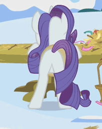 Size: 204x257 | Tagged: safe, screencap, character:rarity, species:pony, species:unicorn, episode:winter wrap up, g4, my little pony: friendship is magic, animated, cropped, female, gif, loop, mare, plot, rear view, solo, winter wrap up vest