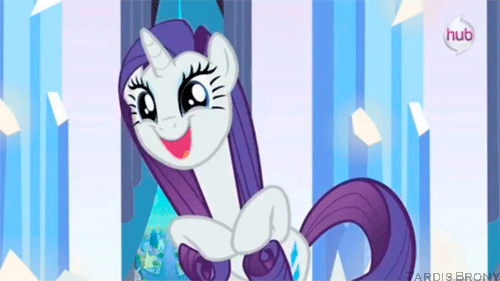 Size: 500x281 | Tagged: safe, screencap, character:rarity, species:pony, species:unicorn, episode:the crystal empire, g4, my little pony: friendship is magic, animated, cute, female, gif, happy, hub logo, mare, open mouth, rarara, raribetes, rarity tugs her mane, smiling, so fucking happy, solo, tugging