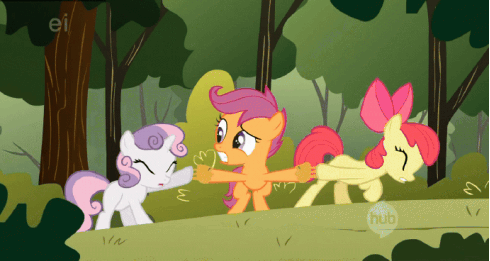 Size: 490x261 | Tagged: safe, screencap, character:apple bloom, character:scootaloo, character:sweetie belle, species:pegasus, species:pony, episode:the cutie mark chronicles, g4, my little pony: friendship is magic, animated, cutie mark crusaders, ei, hub logo, loop, pulling, stuck, tree sap, tree sap and pine needles