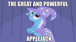 Size: 768x432 | Tagged: safe, screencap, character:trixie, species:pony, species:unicorn, episode:boast busters, g4, my little pony: friendship is magic, female, image macro, implied applejack, mare, meme, raised hoof, solo