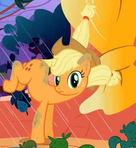 Size: 479x521 | Tagged: safe, screencap, character:applejack, species:earth pony, species:pony, episode:look before you sleep, g4, my little pony: friendship is magic, action pose, animated, balancing, bucking, cinemagraph, dirty, frown, gif, looking at you, rain, raised leg, solo, wide eyes, wind, window, windswept mane