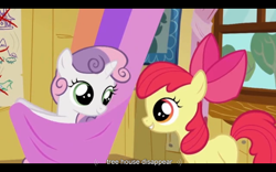 Size: 960x600 | Tagged: safe, screencap, character:apple bloom, character:sweetie belle, episode:the show stoppers, g4, my little pony: friendship is magic, youtube caption