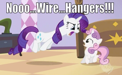 Size: 670x413 | Tagged: safe, screencap, character:rarity, character:sweetie belle, caption, fridge horror, image macro, implications, meme, mommy dearest, sisters