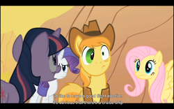 Size: 960x600 | Tagged: safe, screencap, character:braeburn, character:fluttershy, character:rarity, character:twilight sparkle, episode:over a barrel, g4, my little pony: friendship is magic, youtube caption