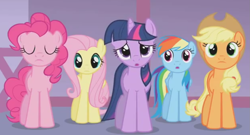 Size: 1121x605 | Tagged: safe, screencap, character:applejack, character:fluttershy, character:pinkie pie, character:rainbow dash, character:twilight sparkle, episode:suited for success, g4, my little pony: friendship is magic, eyes closed, hurr durr, sad, shocked, weird