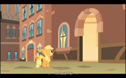 Size: 1024x640 | Tagged: safe, screencap, character:applejack, episode:the cutie mark chronicles, g4, my little pony: friendship is magic, bindle, filly, solo, youtube caption