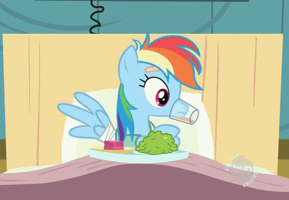 Size: 577x400 | Tagged: safe, screencap, character:rainbow dash, species:pegasus, species:pony, episode:read it and weep, g4, my little pony: friendship is magic, adorable distress, animated, bandage, bandaged wing, bed, cute, foomp, glass, hub logo, loop, solo, stuck