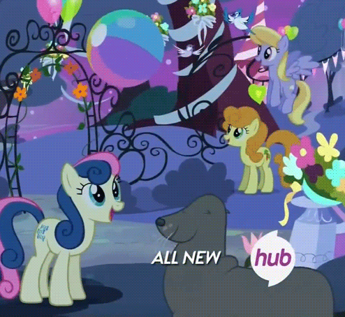 Size: 494x454 | Tagged: safe, screencap, character:bon bon, character:carrot top, character:cloud kicker, character:golden harvest, character:sweetie drops, species:bird, episode:filli vanilli, g4, my little pony: friendship is magic, adorabon, all new, animated, ball, beach ball, bon bon is amused, bon bon playing ball with a seal, cute, eyes closed, grin, happy, hub logo, open mouth, sea lion, seal, smiling, songbird