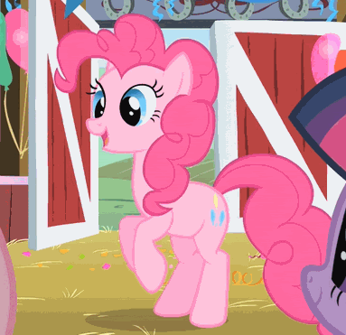 Size: 383x371 | Tagged: safe, screencap, character:pinkie pie, character:twilight sparkle, episode:party of one, g4, my little pony: friendship is magic, animated, barn, cute, diapinkes, excited, horses doing horse things, jumping, open mouth, prancing, pronking, smiling, talking, watching