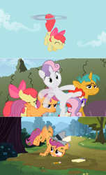 Size: 640x1052 | Tagged: safe, screencap, character:apple bloom, character:scootaloo, character:snails, character:snips, character:sweetie belle, character:twist, species:pegasus, species:pony, episode:ponyville confidential, episode:the cutie pox, episode:the return of harmony, g4, my little pony: friendship is magic, applecopter, loop-de-hoop, mud, muddy, notepad, pencil, scootaloo can't fly, tailcopter