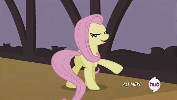 Size: 576x324 | Tagged: safe, screencap, character:fluttershy, species:pony, episode:filli vanilli, g4, my little pony: friendship is magic, all new, female, hub logo, hubble, lidded eyes, looking at you, mare, plot, solo, the hub