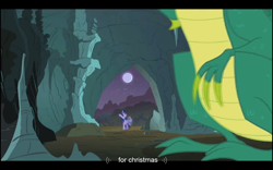 Size: 1024x640 | Tagged: safe, screencap, character:twilight sparkle, species:dragon, episode:owl's well that ends well, g4, my little pony: friendship is magic, green dragon, reginald, youtube caption