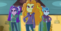 Size: 1366x703 | Tagged: safe, screencap, character:adagio dazzle, character:aria blaze, character:sonata dusk, equestria girls:rainbow rocks, g4, my little pony:equestria girls, clothing, confident, diner, gem, hoodie, jewelry, mirrored, necklace, outdoors, pendant, pigtails, ponytail, siren gem, smiling, smug, the dazzlings, twintails, youtube link
