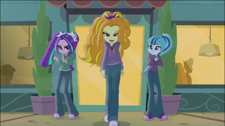Size: 766x430 | Tagged: safe, screencap, character:adagio dazzle, character:aria blaze, character:sonata dusk, equestria girls:rainbow rocks, g4, my little pony:equestria girls, animated, clothing, diner, female, gem, hand on hip, hips, hoodie, jeans, jewelry, necklace, outdoors, sidewalk, siren gem, the dazzlings, walking, wind