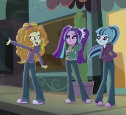 Size: 787x720 | Tagged: safe, screencap, character:adagio dazzle, character:aria blaze, character:sonata dusk, equestria girls:rainbow rocks, g4, my little pony:equestria girls, clothing, diner, gem, hoodie, jewelry, necklace, outdoors, sidewalk, siren gem, the dazzlings, wind