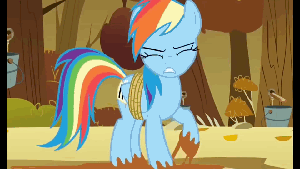 Size: 960x540 | Tagged: safe, screencap, character:rainbow dash, species:pegasus, species:pony, episode:fall weather friends, g4, my little pony: friendship is magic, angry, animated, annoyed, glue, helpless, hoof hold, hooves, maple syrup, not mud, not scat, rope, solo, squirming, sticky, struggle, struggling, stuck, syrup, tied, tree sap
