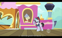 Size: 640x400 | Tagged: safe, screencap, character:all aboard, episode:the last roundup, g4, my little pony: friendship is magic, hub logo, lauren faust, youtube caption