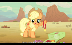 Size: 640x400 | Tagged: safe, screencap, character:applejack, episode:the last roundup, g4, my little pony: friendship is magic, desert, medal, ribbon, solo, vulgar, youtube caption