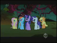 Size: 196x147 | Tagged: safe, screencap, character:applejack, character:fluttershy, character:pinkie pie, character:rainbow dash, character:rarity, character:twilight sparkle, episode:friendship is magic, g4, my little pony: friendship is magic, animated, bouncing, ei, hub logo, laughter song, mane six, pronking, singing
