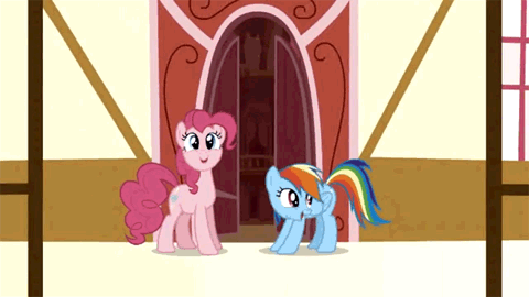 Size: 480x270 | Tagged: safe, screencap, character:pinkie pie, character:rainbow dash, episode:griffon the brush-off, animated, deleted scene, invisible stallion, laughing, out of context
