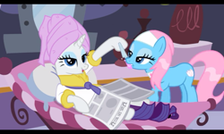 Size: 800x480 | Tagged: safe, screencap, character:lotus blossom, character:rarity, episode:ponyville confidential, g4, my little pony: friendship is magic, mouth hold, nail file, newspaper, pampering, spa, spoiled