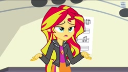 Size: 1136x640 | Tagged: safe, screencap, character:sunset shimmer, equestria girls:rainbow rocks, g4, my little pony:equestria girls, shrug, shrugset shimmer, solo